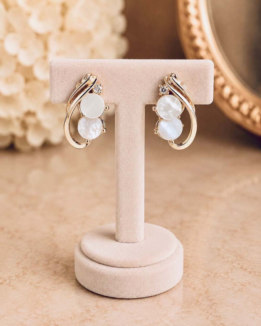 Vintage Mother of Pearl and Crystal Clip-On Drop Earrings